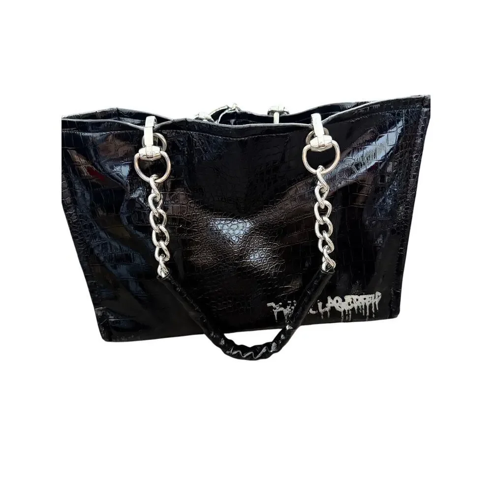 Karl Lagerfeld Handbag Black Croc Patent Leather Chain-Link Handles Tote